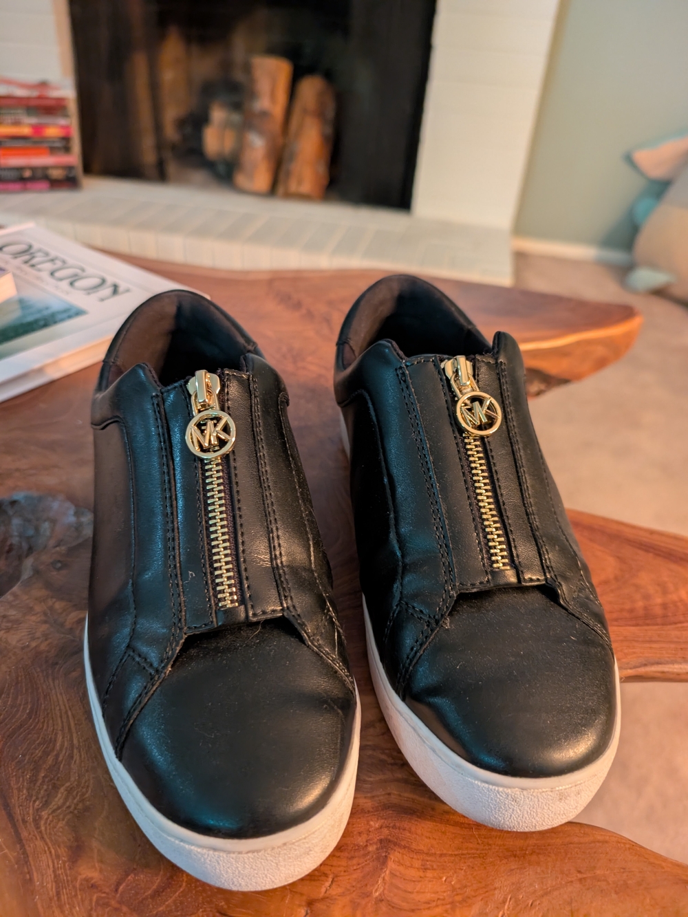 Michael Kors Black Leather Zip Front Sneakers with Gold MK Hardware